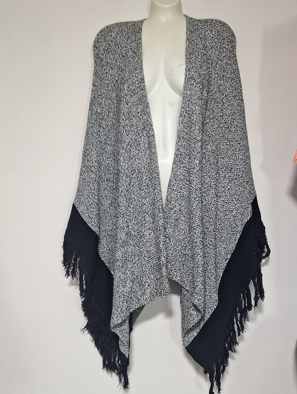 CAbi Pepper Cape Gray and Black Open-Front Fringe Poncho Blanket Sweater